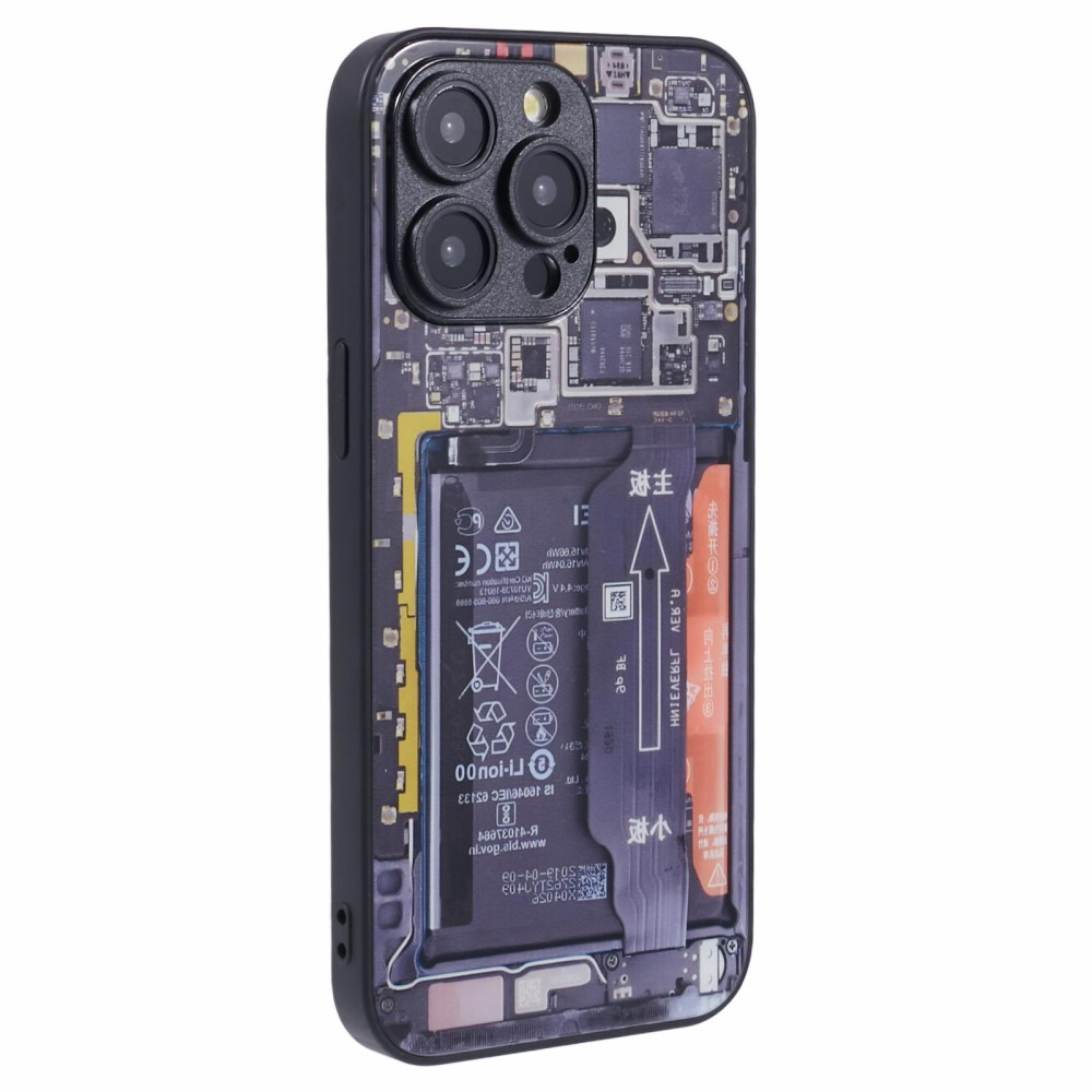 iPhone 14 Pro Max Hybrid Hülle TPU Bumper mit Acryl Rückseite im Batterie Platine Mainboard Design 1   Kameraschutz - Schwarz