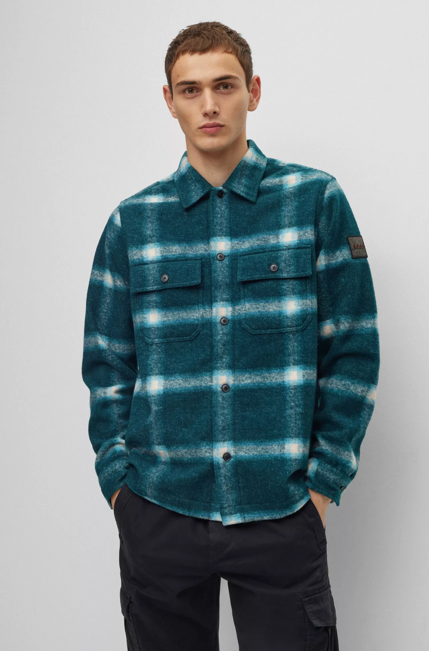 Sobretudo BOSS laranja de modelagem oversized em tecido bouclé xadrez.