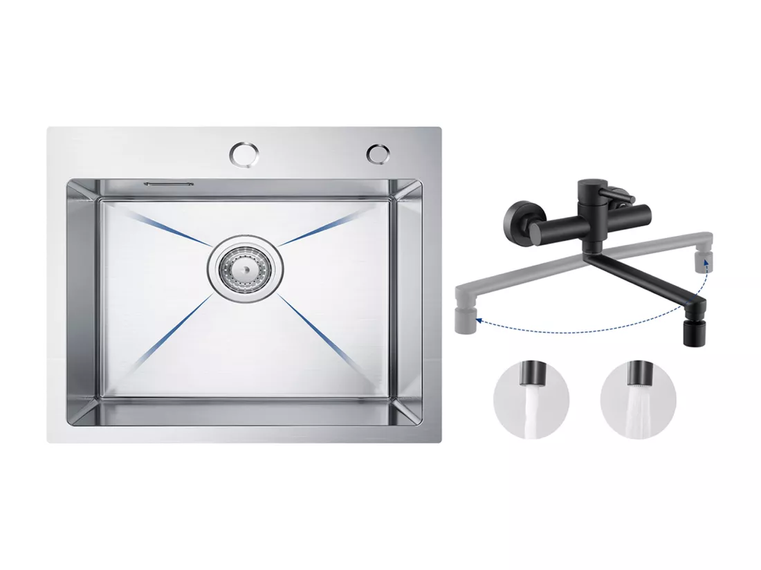 CECIPA MAX Évier Cuisine 1 Bac 50×45×18.5CM Évier Inox Brossé + Mitigeur de Cuisine Mural avec 2 Jets Noir