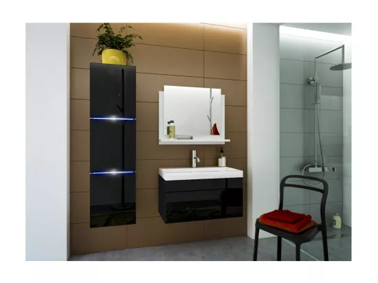 Meuble sous vasque suspendu collection RAVEN, coloris noir mat et brillant, avec vasque et siphon inclus