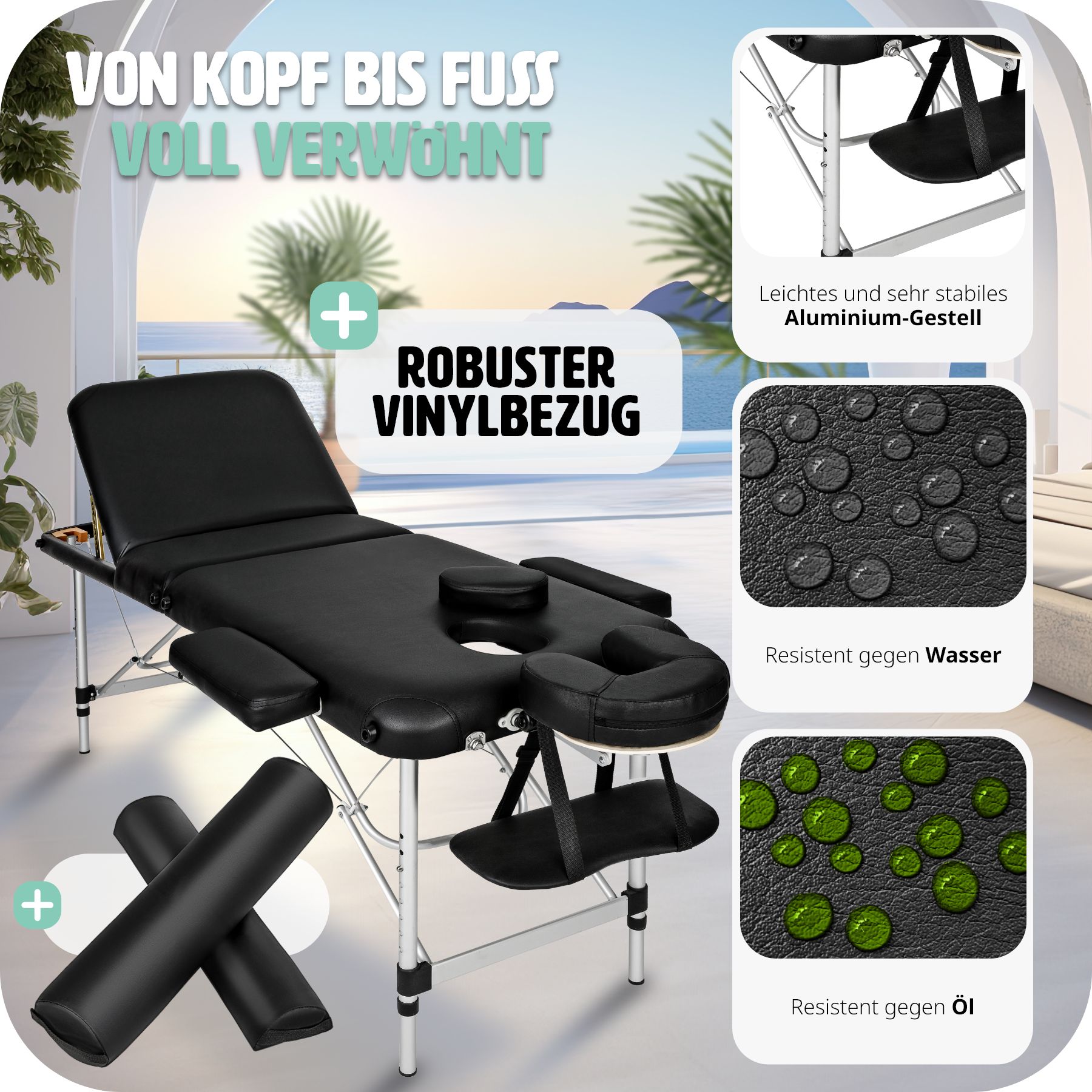 tectake® 3 Zonen Massageliege, inklusive Lagerungsrollen und Tragetasche, klappbar und höhenverstellbar, 210 x 95 x 63 - 89 cm