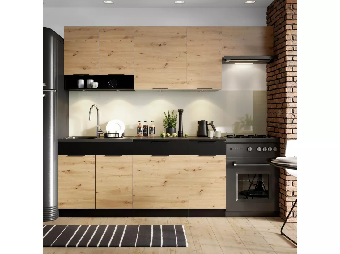 Cuisine complète Erika 7 éléments couleur chêne artisan/noire avec plan de travail inclus - Longueur 180/240 cm
