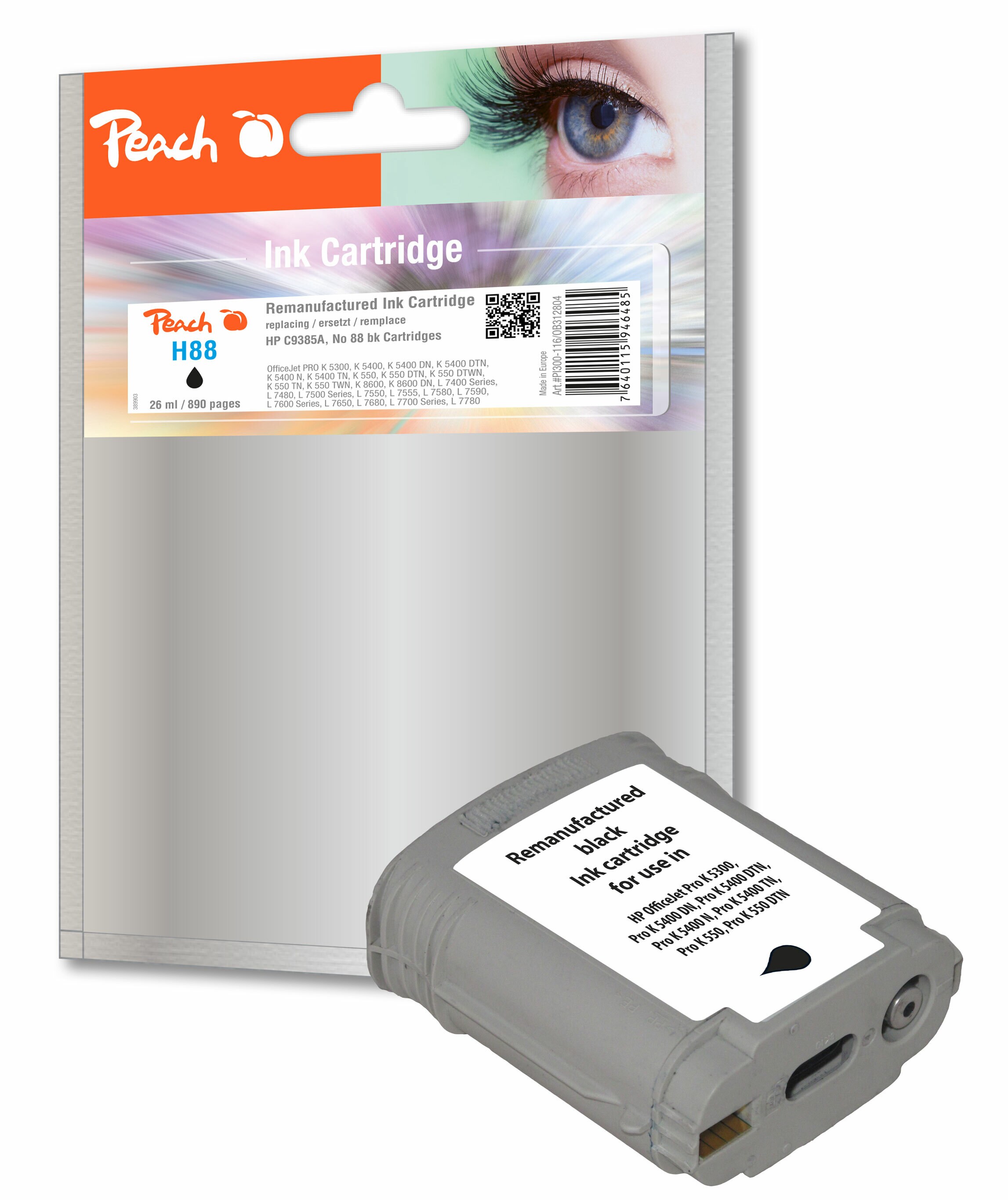 Peach HP 88 bk Druckerpatrone bk ersetzt HP No. 88 bk, C9385AE für z.B. HP OfficeJet Pro K 5300, HP OfficeJet Pro K 5400, HP OfficeJet Pro K 5400 DN (wiederaufbereitet)