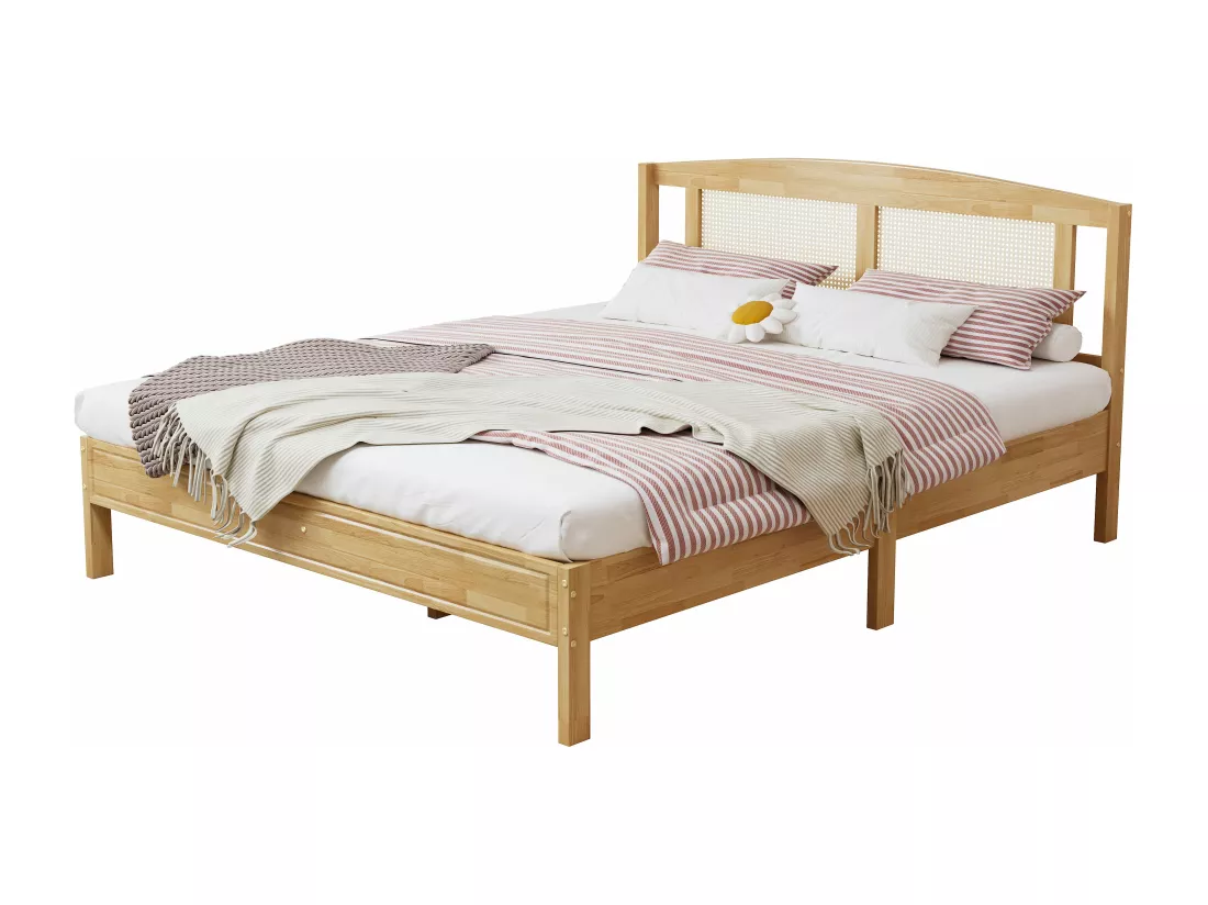 Lit adulte 160x200cm Lit double avec 15 lattes et pieds centraux pin + rotin PE Naturel
