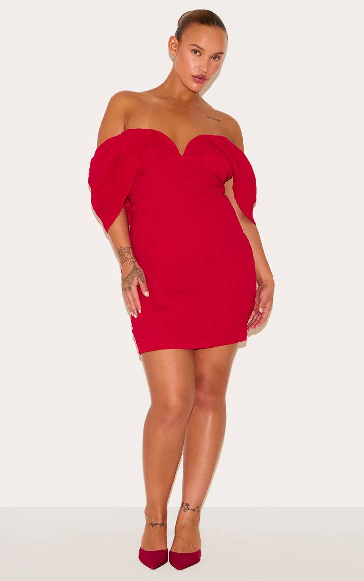 Rouge Robe Moulante Texturée Grande Taille Avec Barre En V