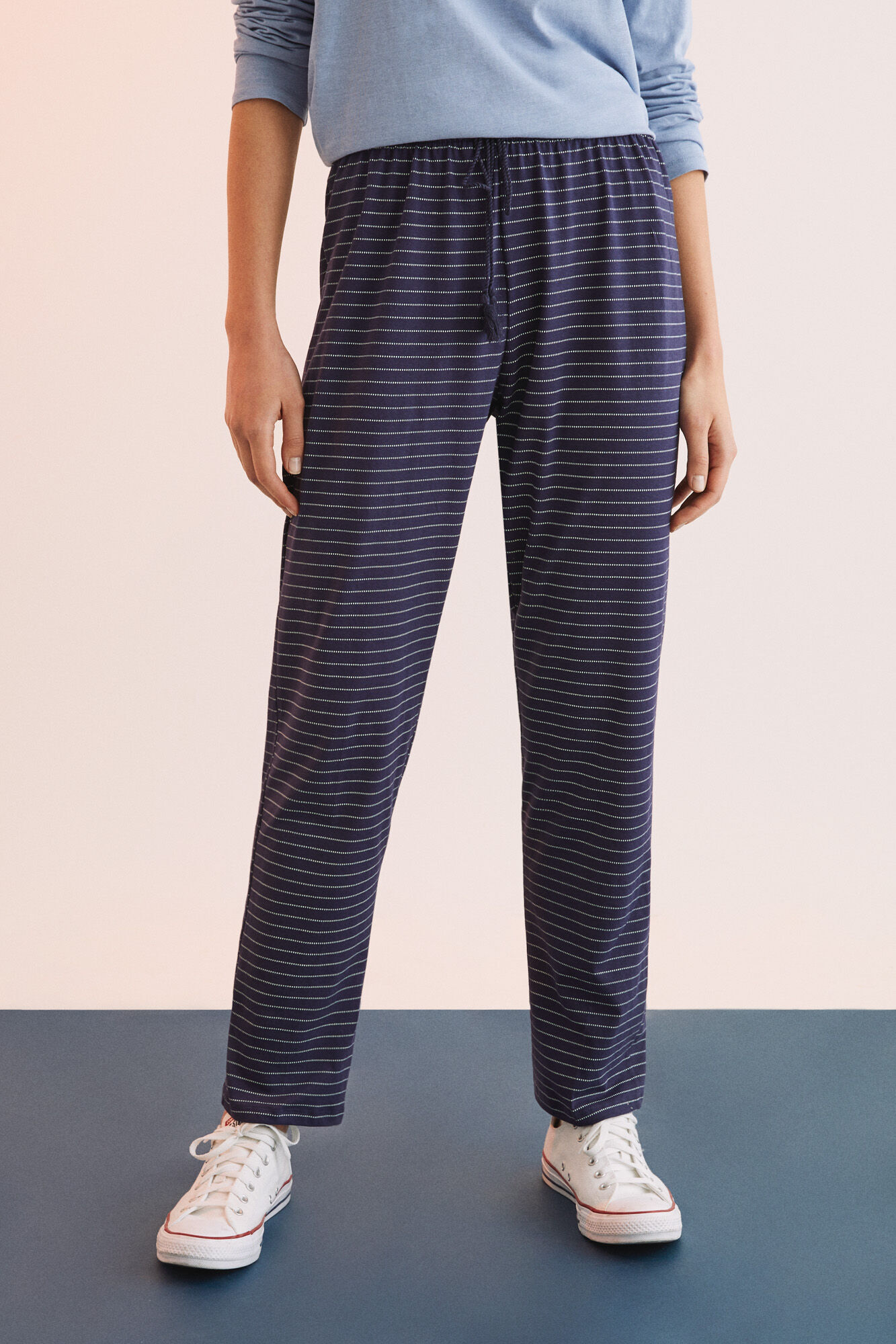 Calça comprida 100% algodão com estampa de listras - Azul