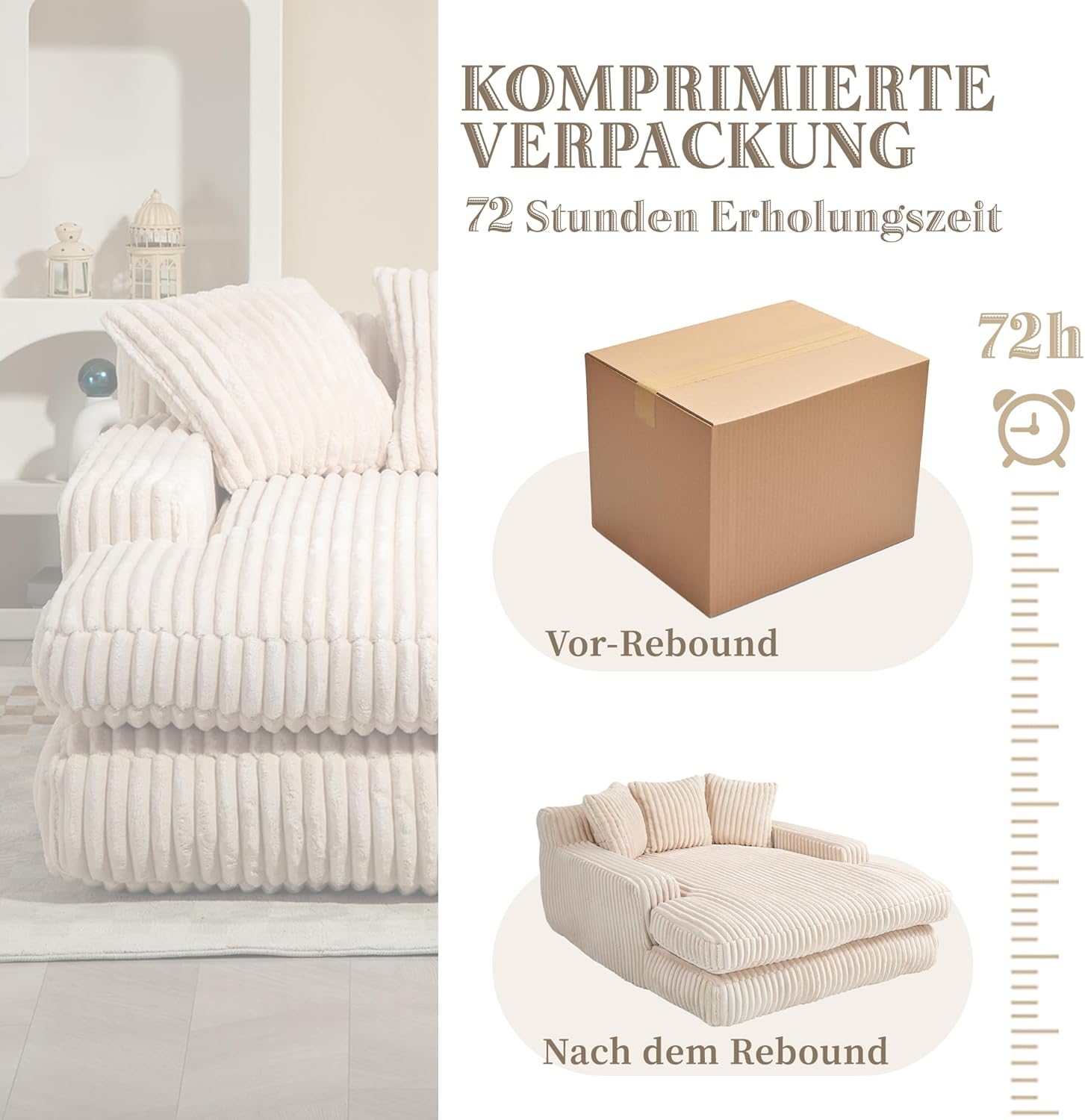 Modernes Cord-Schlafsofa Cloud Couch mit 3 weichen Kissen, bequemes Einzelsitz-Bodensofa für Wohnzimmer Wohnung Büro (Beige)