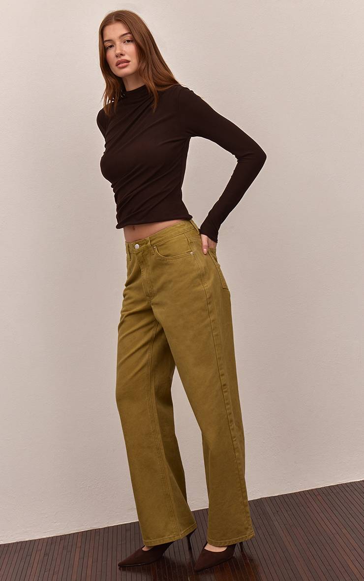 Vert Olive Jean Droit En Denim Taille Mi-haute