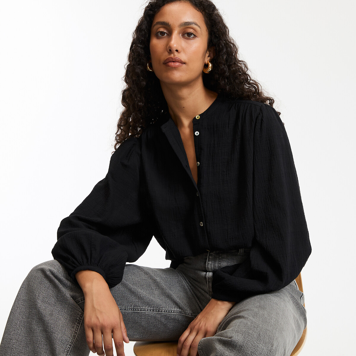 COLEÇÕES LA REDOUTE<br>Camisa oversized com gola mao, assinatura LISE