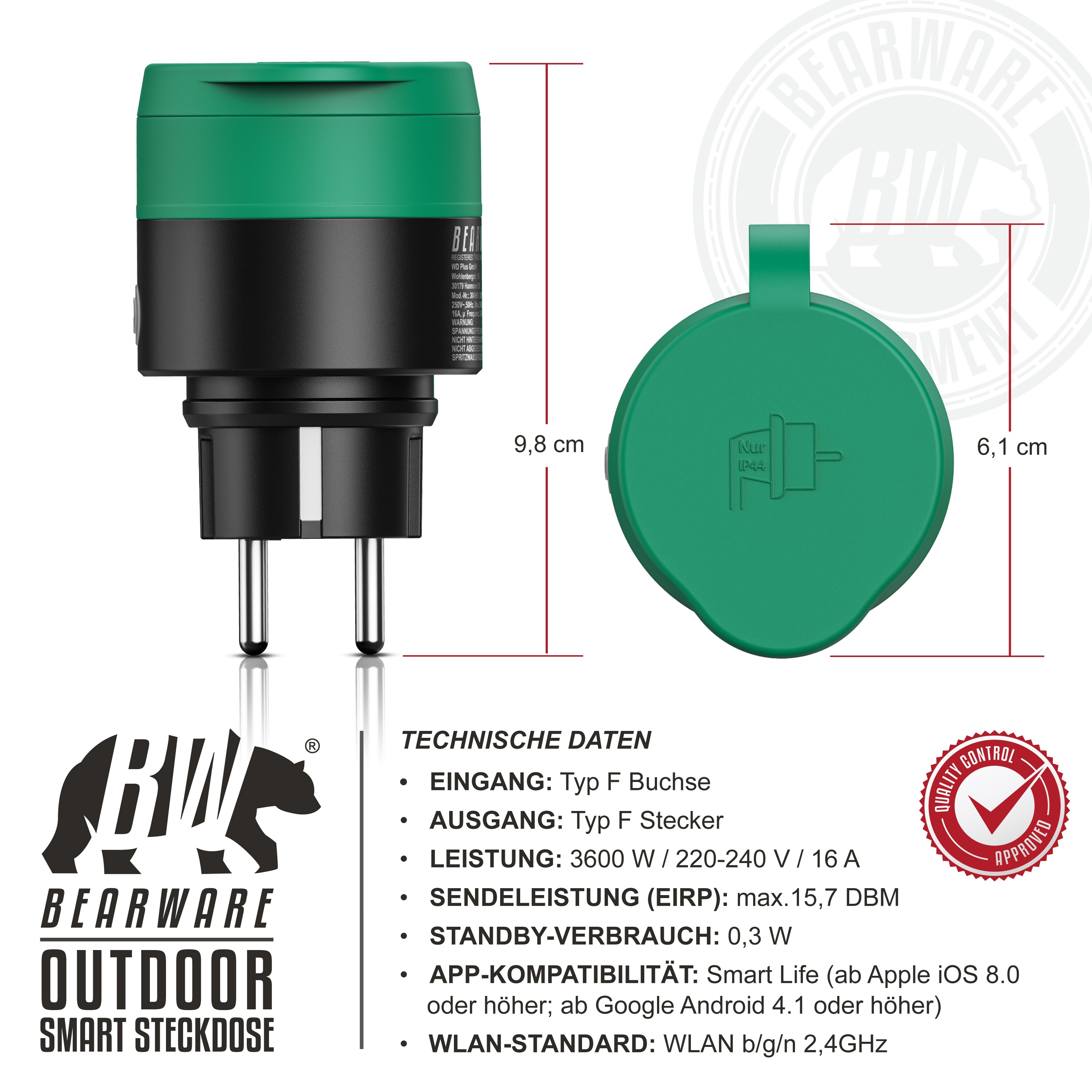 BEARWARE Wlan Steckdose Outdoor - Sprachsteuerung via Alexa oder Google Home - 2,4 Ghz WiFi - 3600 W - Smart Plug WiFi Steuerung per App Smart Life