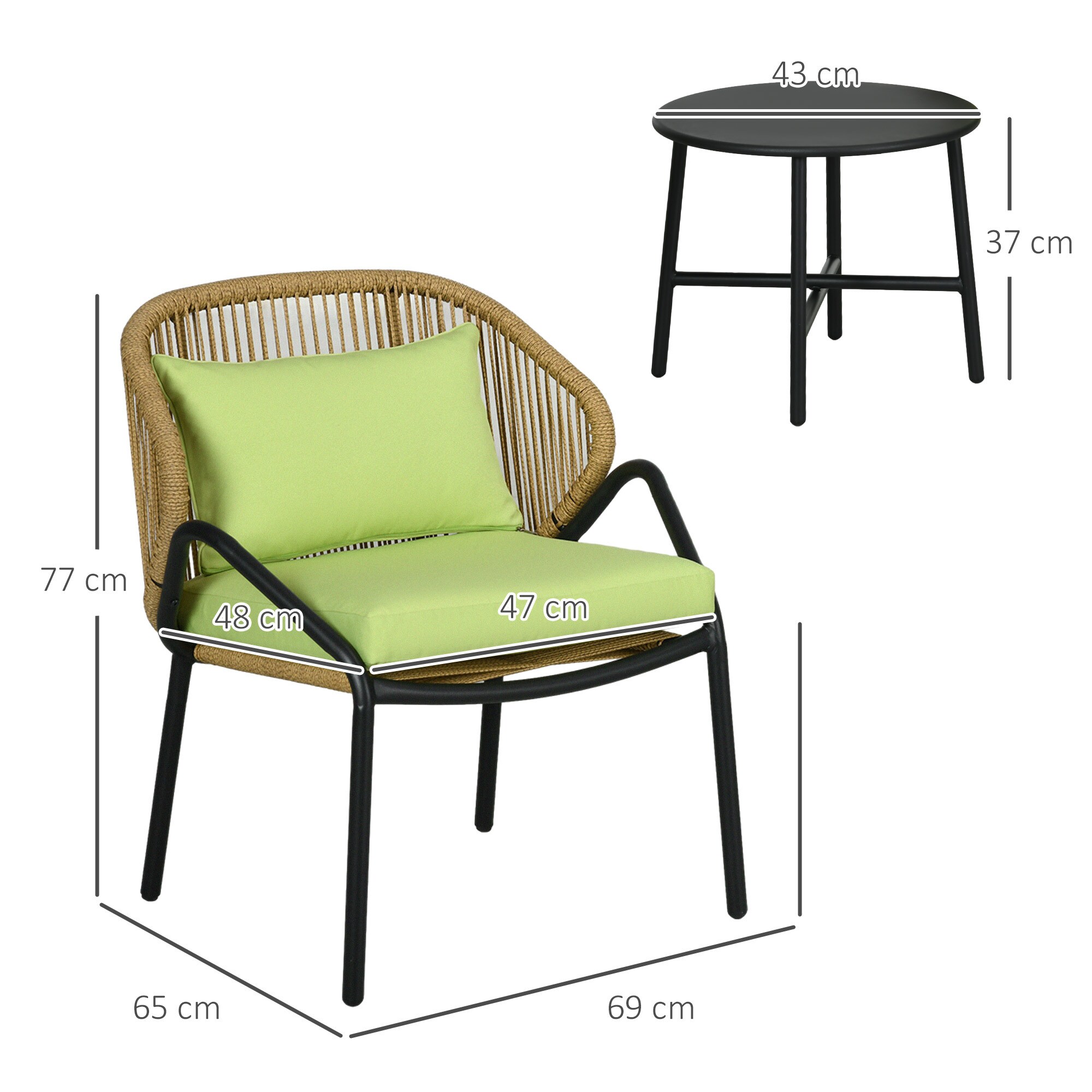 Outsunny Gartenbistro-Set mit Beistelltisch und Sitzkissen grün 65L x 60B x 77H cm
