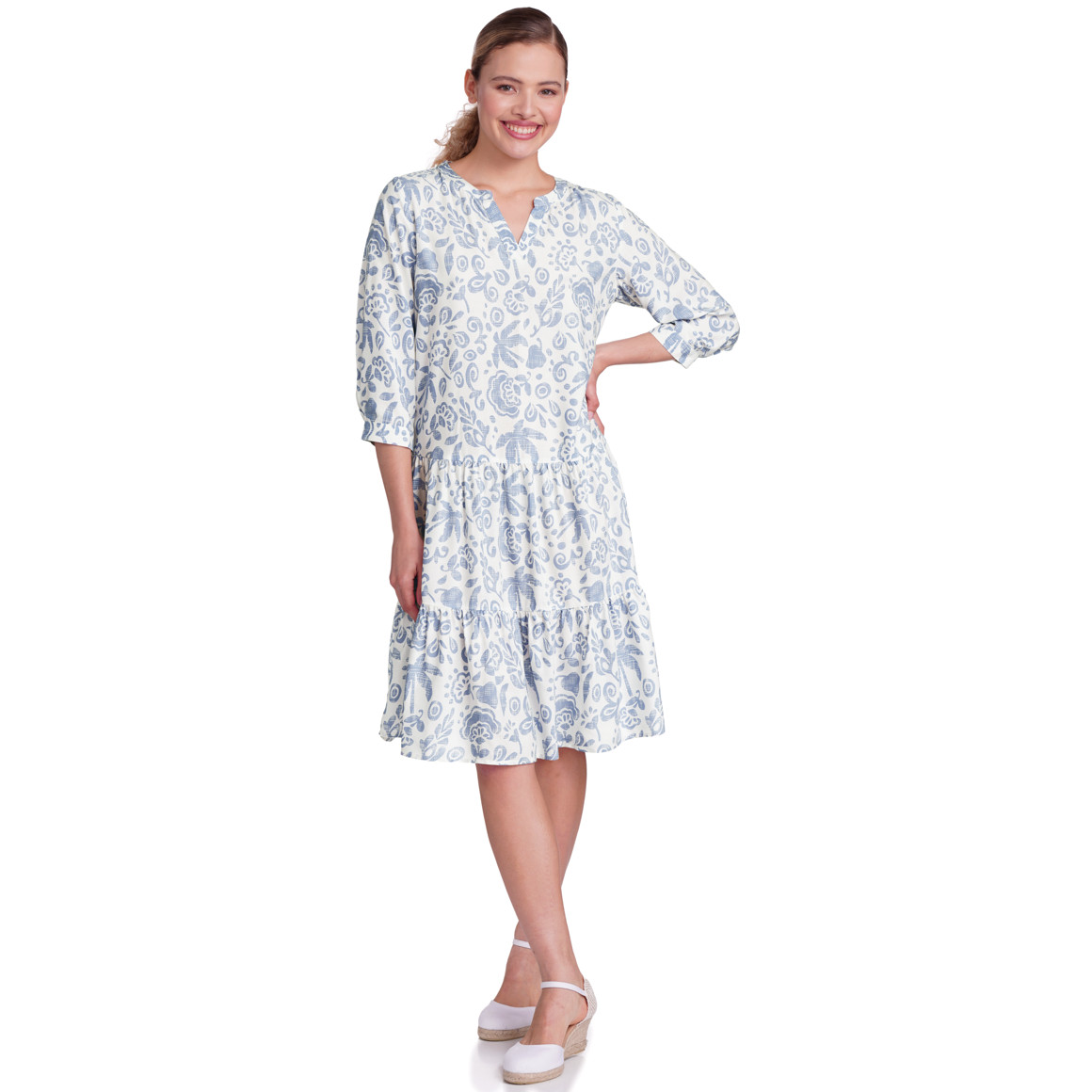 Gina Damen Kleid mit Allover-Muster weiss / hellblau
