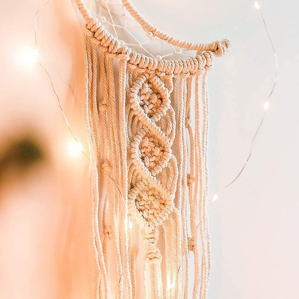 (94x6cm) LED Mond Makramee Traumfänger Boho Home Wand Deko Geknüpftes Hygge Lifestyle Accessoire - Warmweiss