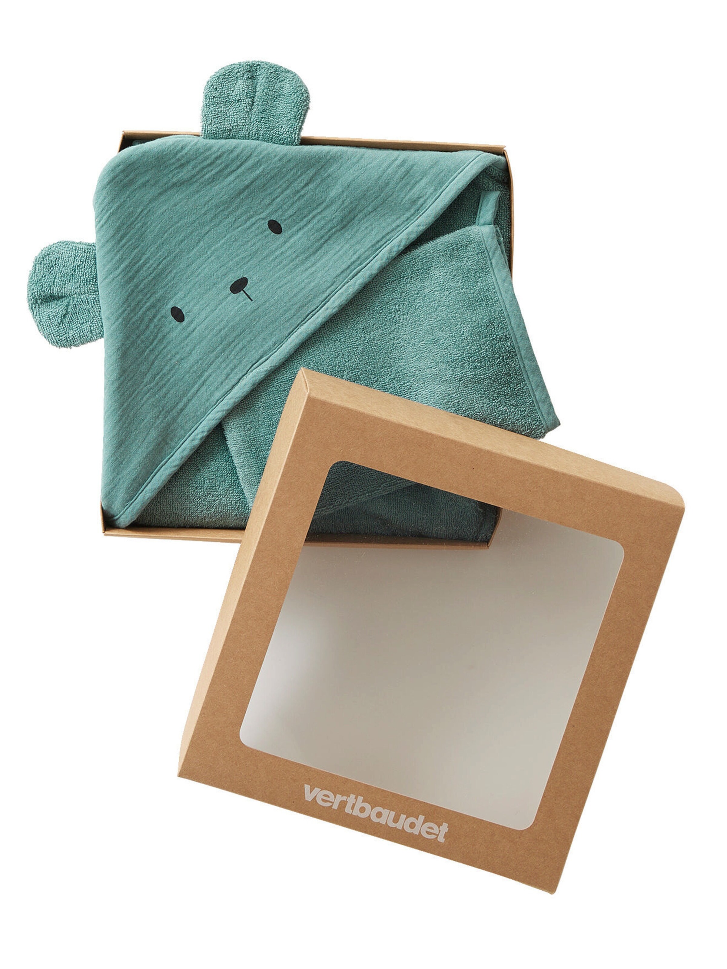 Vertbaudet Bio-Kollektion: Baby Kapuzenbadetuch & Waschhandschuh grün