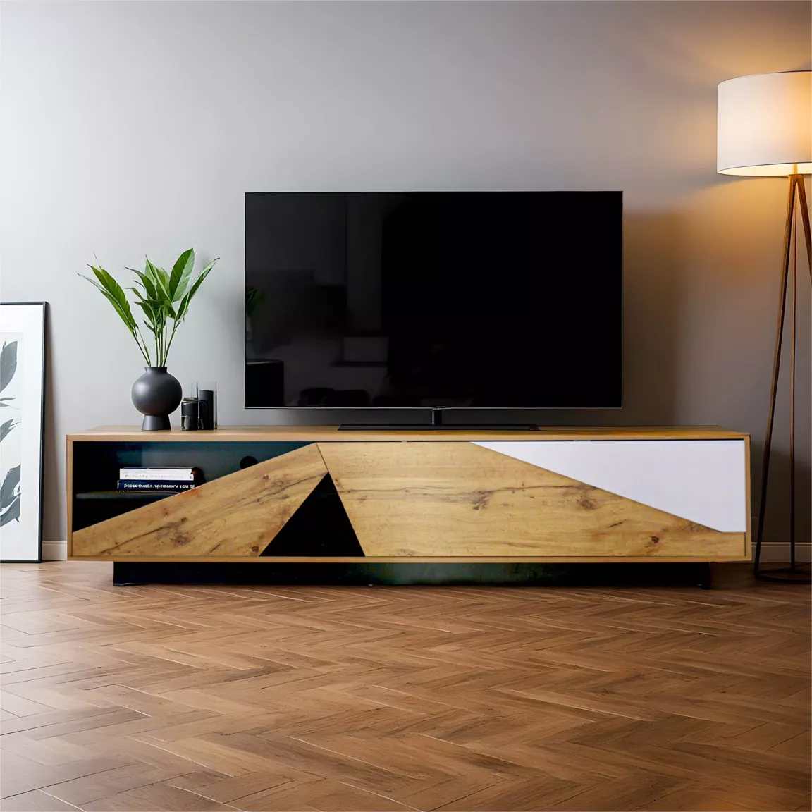 Meuble TV en bois design (L180 x 40 cm) Alabama Blanc, noir et naturel