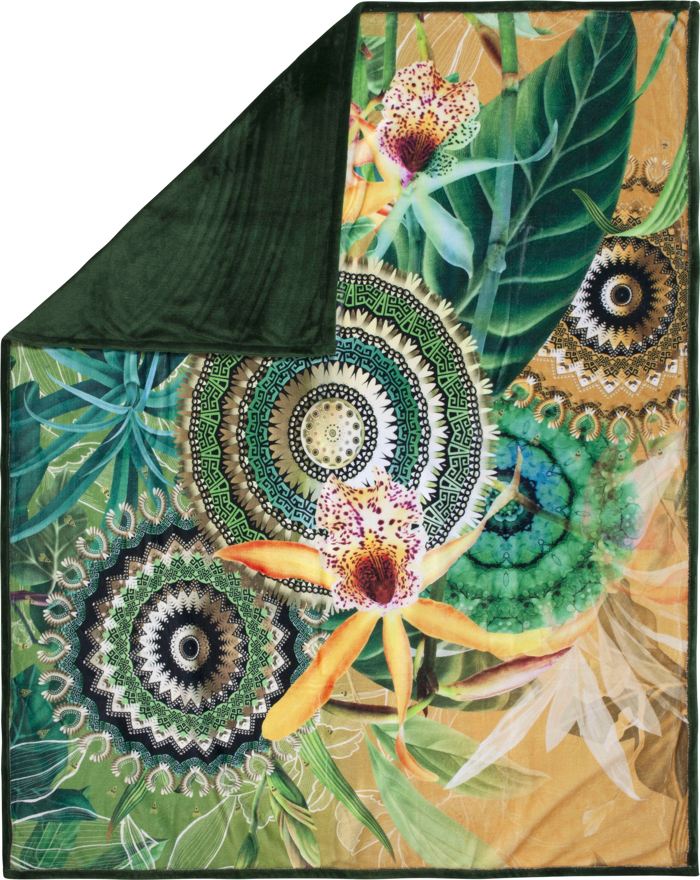 hip Plaid »Yissa« Sehr Weich, Kuscheldecke, 130x160 cm, Wendeoptik, Mandala, Ocker, Grün