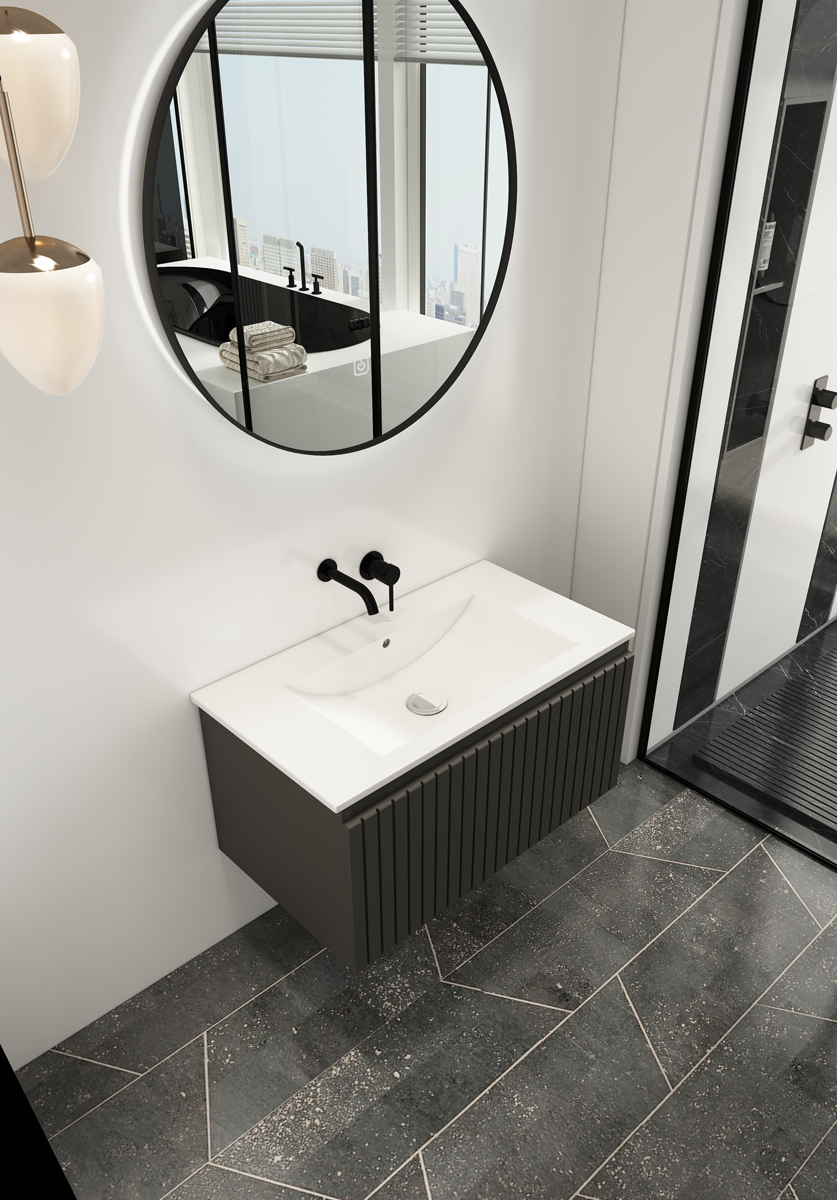 Fontana Lento zwart badmeubel ribbelfront 80cm met witte wastafel zonder kraangat en ronde spiegel