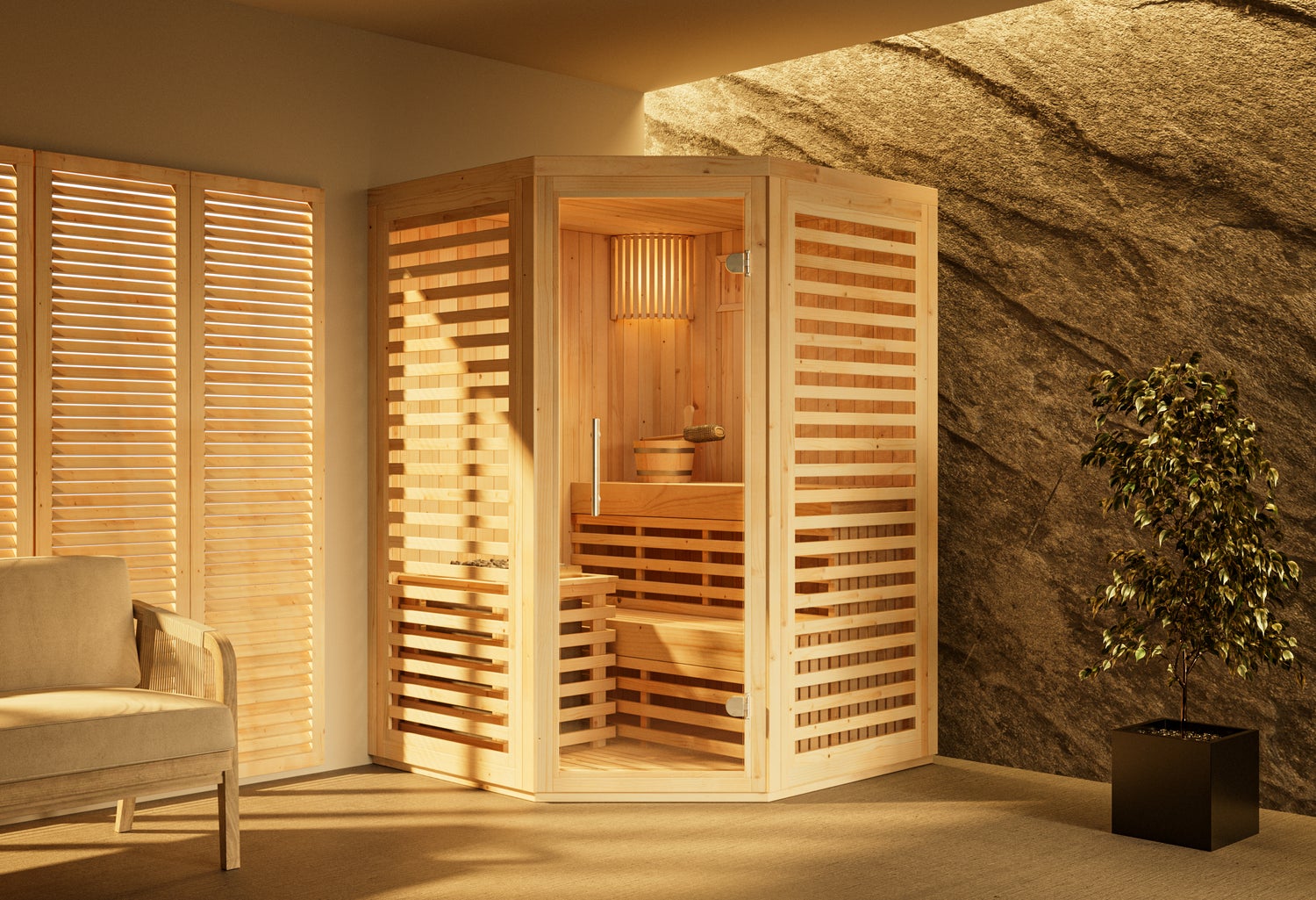 FinnTherm Svala binnensauna met 1 houten bank, saunacabine met 42 mm wanddikte, stoomsauna inclusief montagemateriaal, natuurlijke afwerking