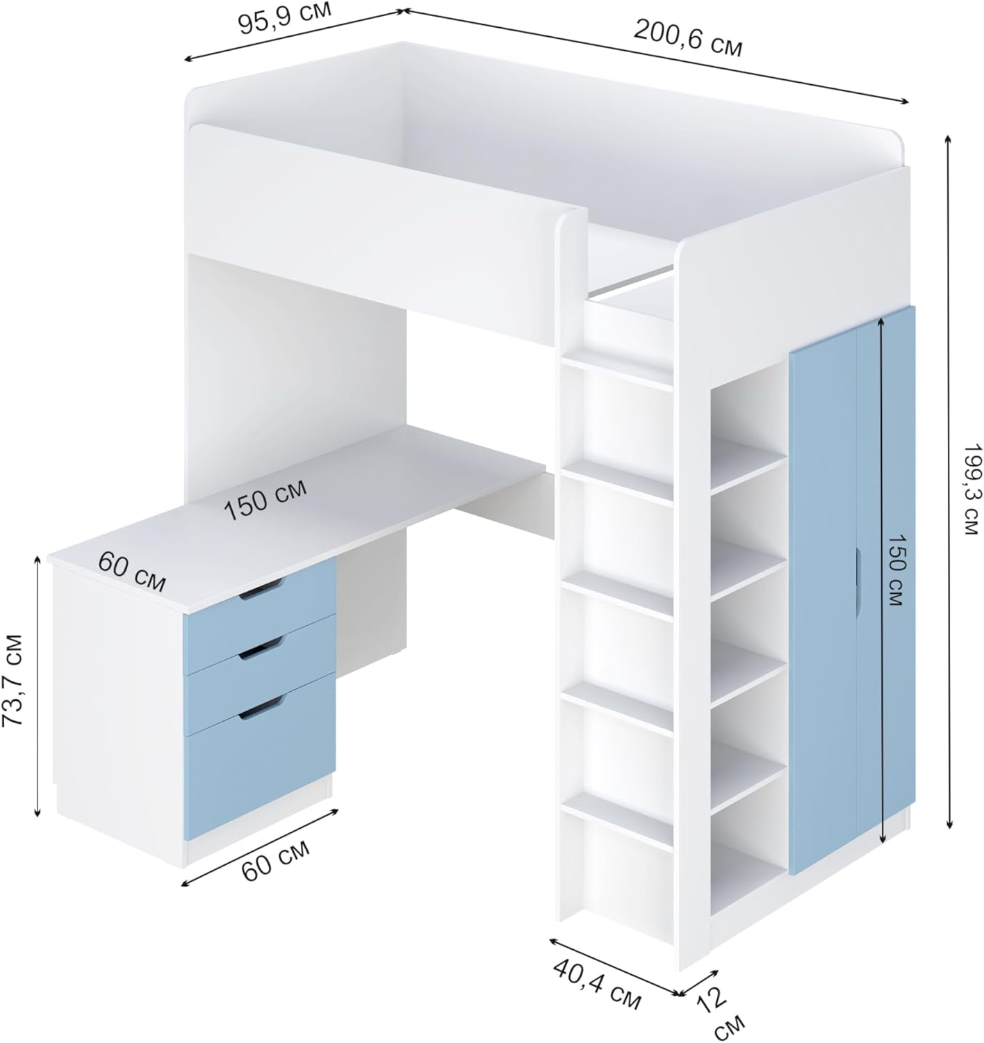 Shefa Kids Hochbett Mit Schreibtisch - Platzsparendes 5-in-1 Hochbett Kinder Mit Treppe, Kleiderschrank, Regal & Arbeitsbereich - Blau, Belastbar Bis 90 Kg, Maße: 206 x 107 cm