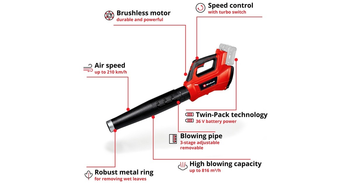 EINHELLGE-LB 36/210 Li E-Solo bladblazer  (Rood/zwart, Accu en oplader niet inbegrepen)