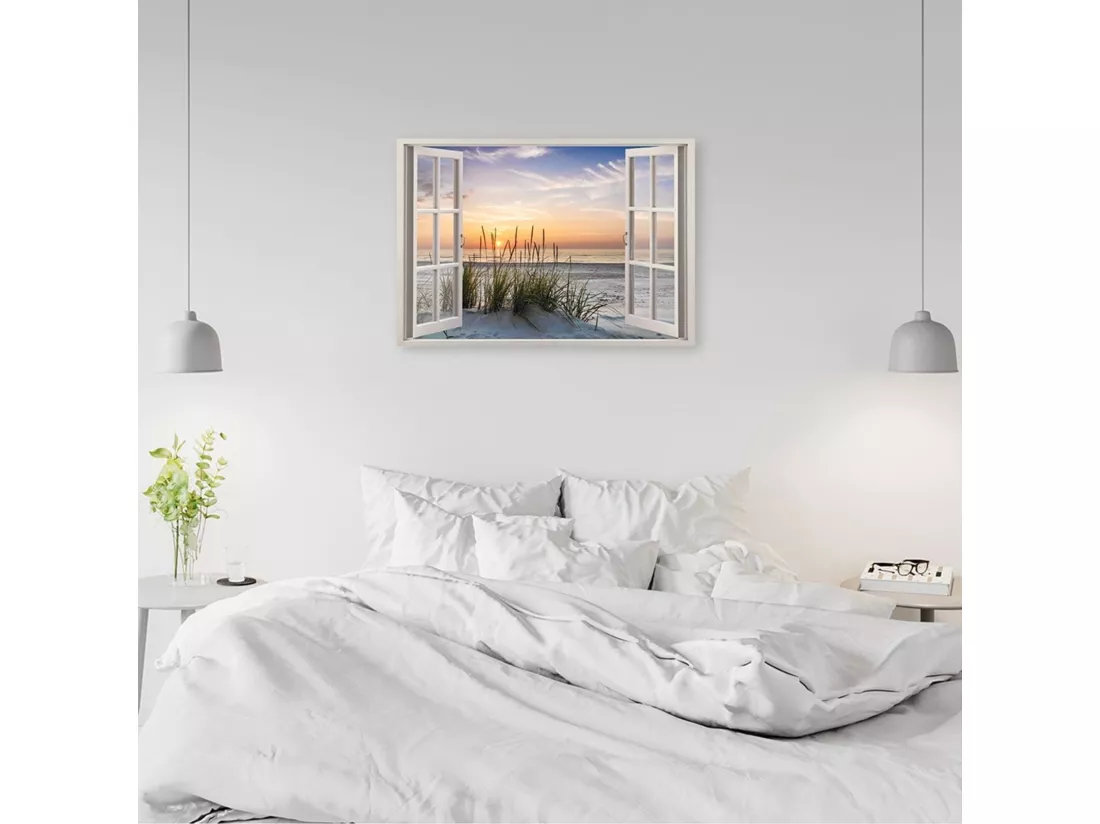 Tableau fenêtre en bois donnant sur la plage - 60 x 40 cm