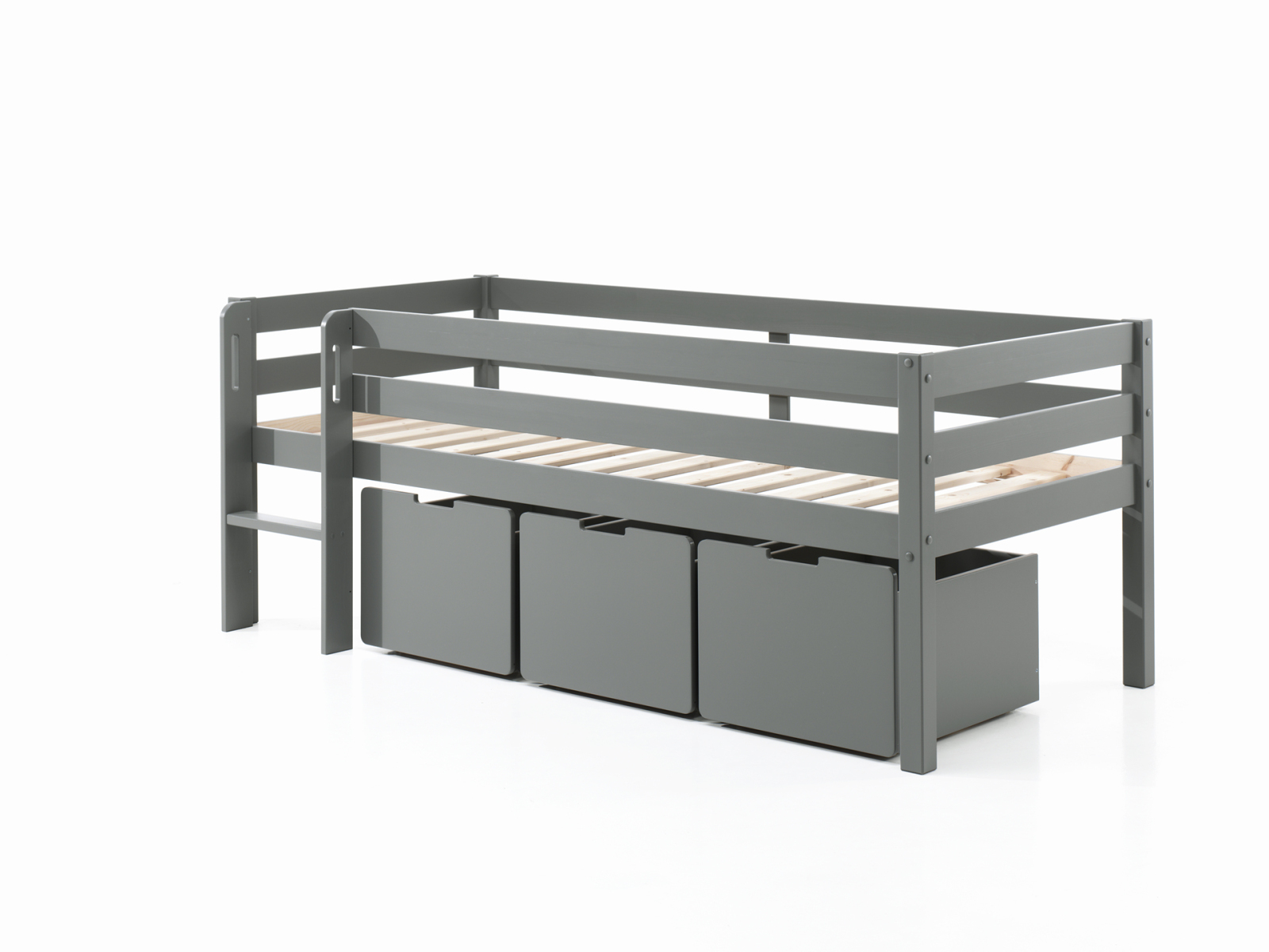 Kojen-Spielbett - grau - Leiter - Schubkästen - Regal - 90x200 cm