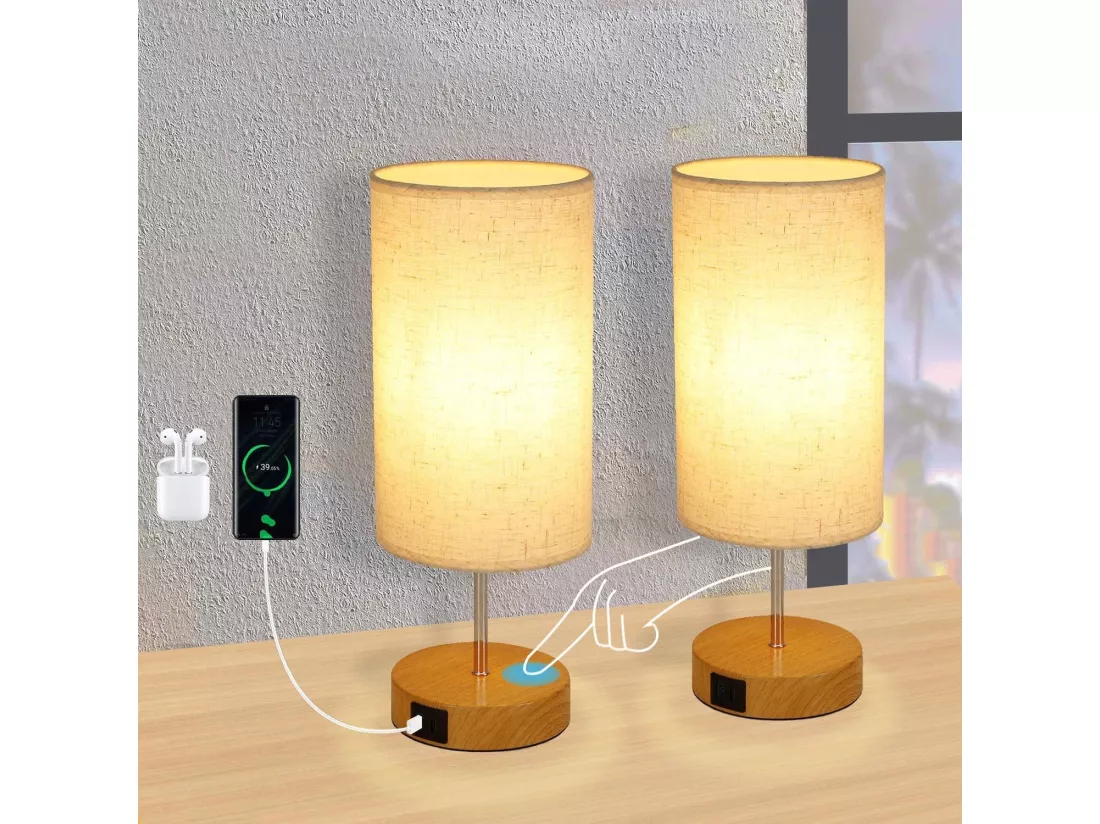 NETTLIFE Lampe de table tactile dimmable E27 lampe de chevet salon abat-jour en tissu moderne