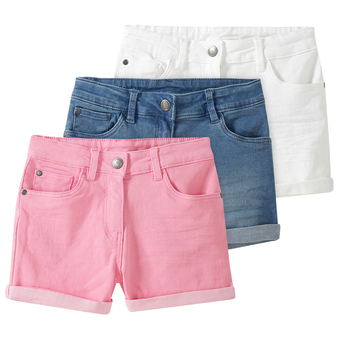 Famy 3 Mädchen Jeansshorts im Five-Pocket-Style blau / rosa / weiss