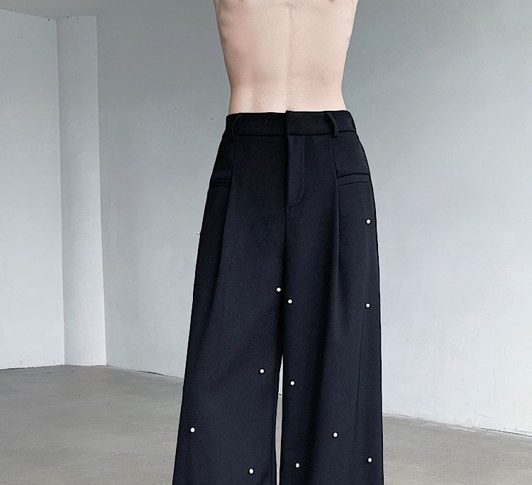 Freehop - Hoge taille, kralen, effen, wijde pijpen broek