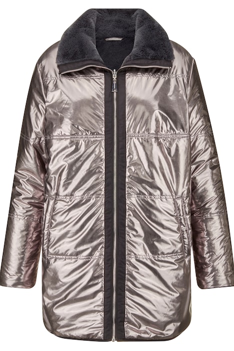 Wendejacke, Metallic-Look, Webpelz, Stehkragen, Zipper