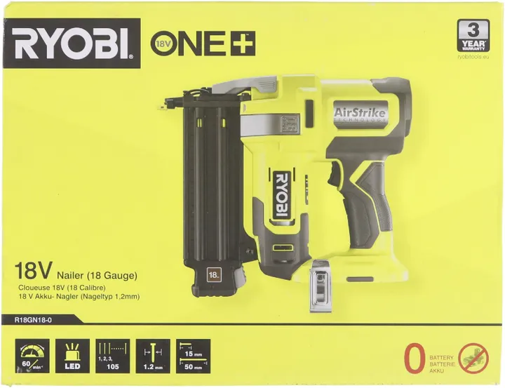 Ryobi R18GN18-0, Hæftepistol, Lige magasin, Sort, Lysegrøn, 1,5 cm, 5 cm, 85,5 dB