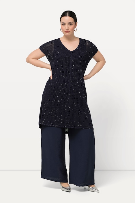 Long-Pullover, Struktur, Pailletten, Rundhals, Halbarm