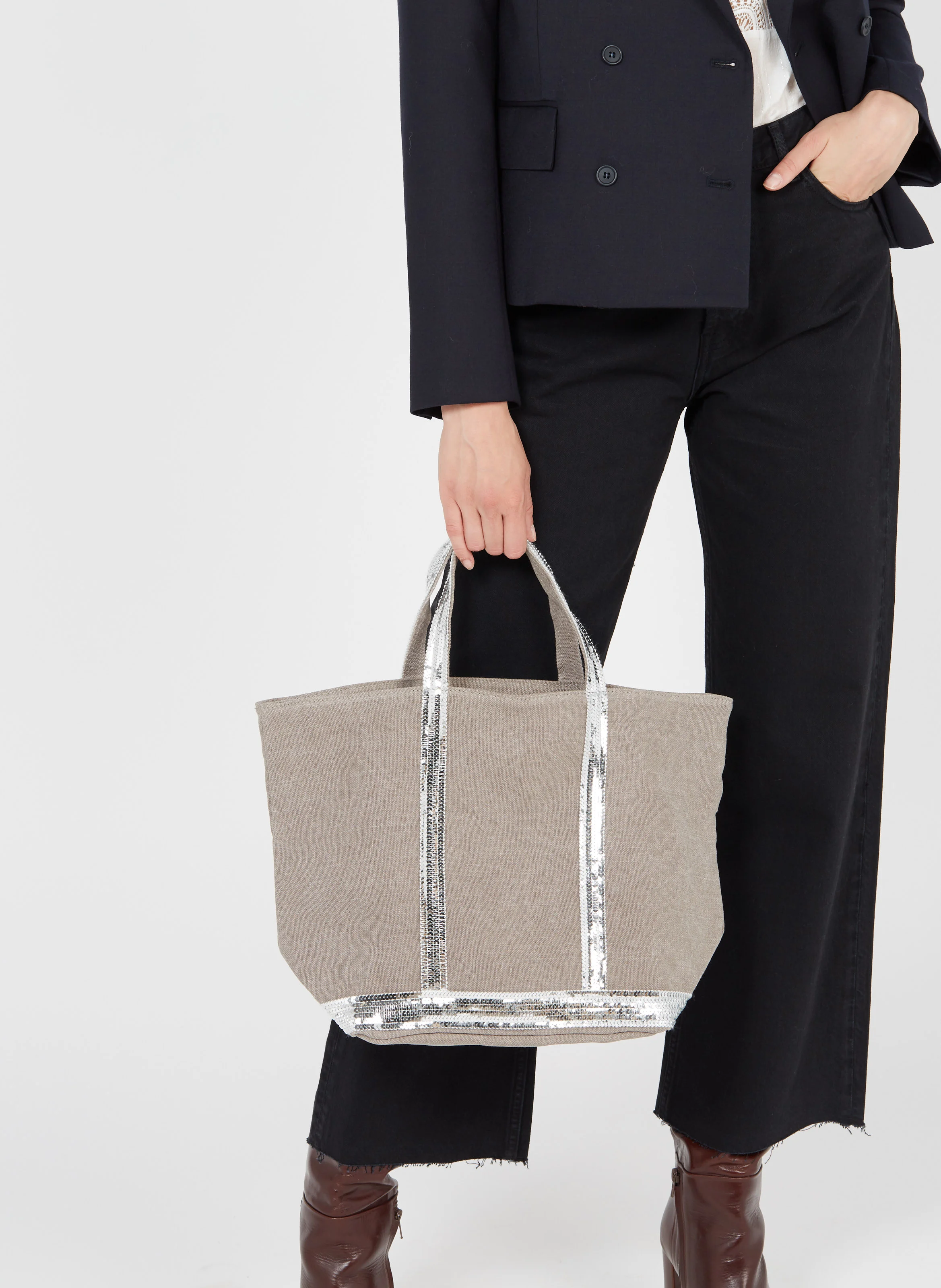 Cabas M brodé avec sequins en lin | Gris