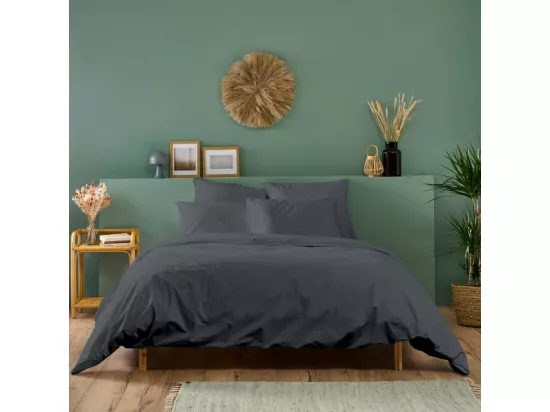 Parure de lit unie 2 personnes percale de coton : Housse 240x260cm+ 2 taie 65x65cm- Anthracite