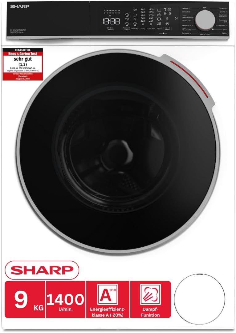 SHARP ES-WNFL914CWDA-DE Waschmaschine 9kg, 1400 U/min, Energieklasse A (-20%), Inverter-Motor, AquaStop, AllergySmart, LED Touch Display, WLAN, 15 Programme, Weiß