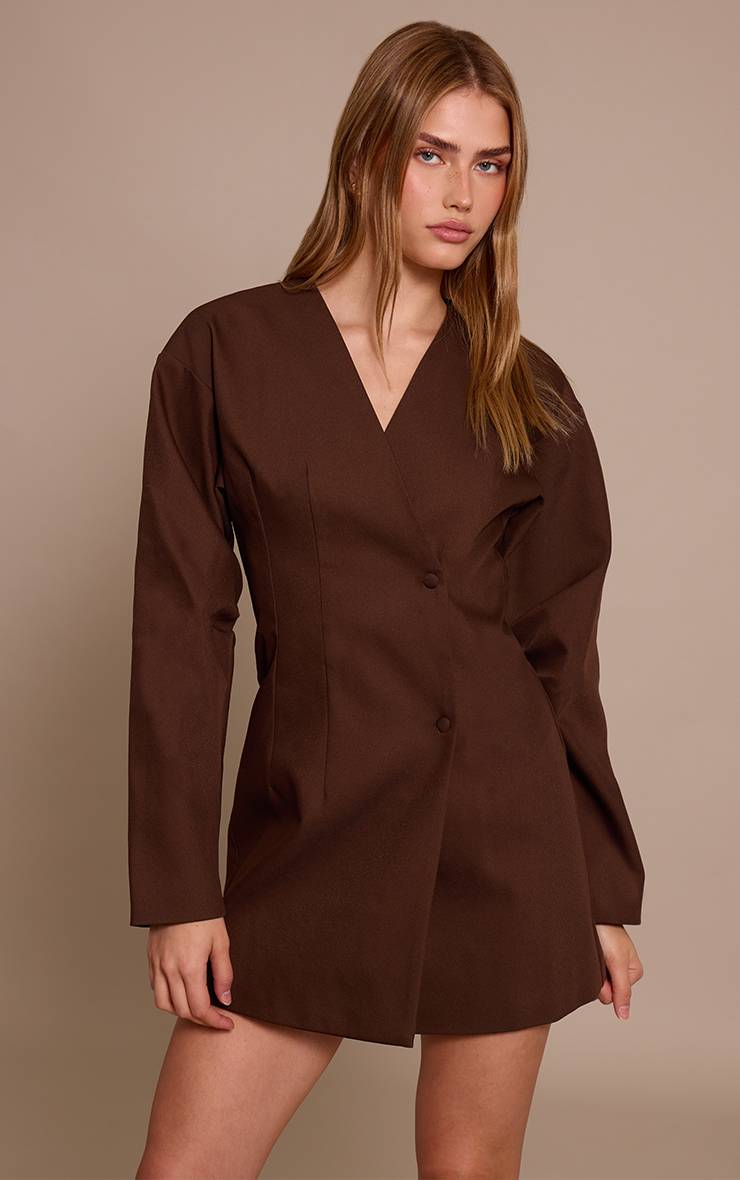 Deep Chocolate Robe Blazer Tissée À Manches Ballon