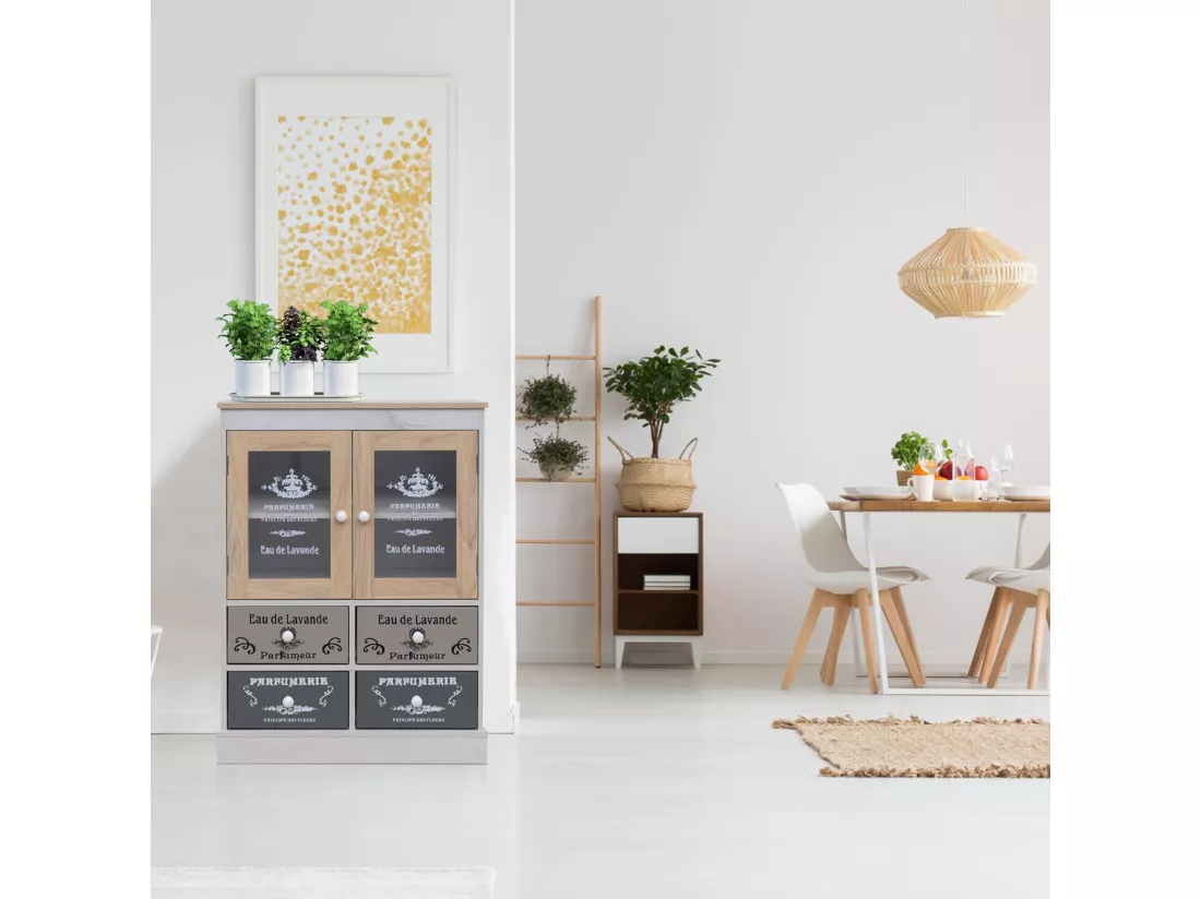 Armoire Vitrine Shabby 4 Tiroirs et 2 portes en Bois Blanc Beige Gris
