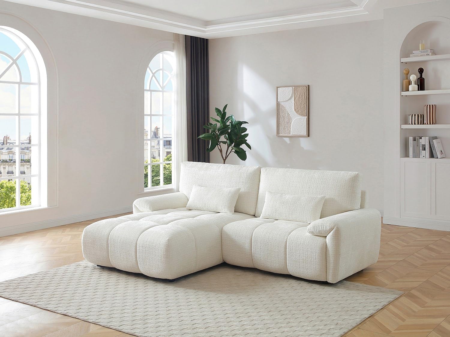 Vente-unique-Ecksofa – Ecke Links – Chenille-Stoff – Offwhite – ANELKO