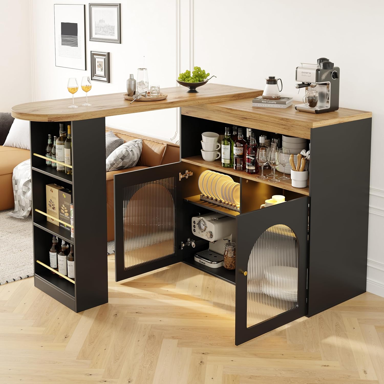 SogesHome Bartisch Esstisch Buffets Modern Ausziehbar Drehbar Bartisch Tisch Stehtisch Bistrotisch mit Stauraum und 1m langem LED Lichtstreifen für Esszimmer