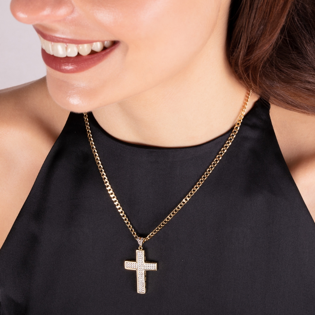 Anhänger 750/18 K Gelbgold Kreuz mit Zirkonia 34 x 23mm
