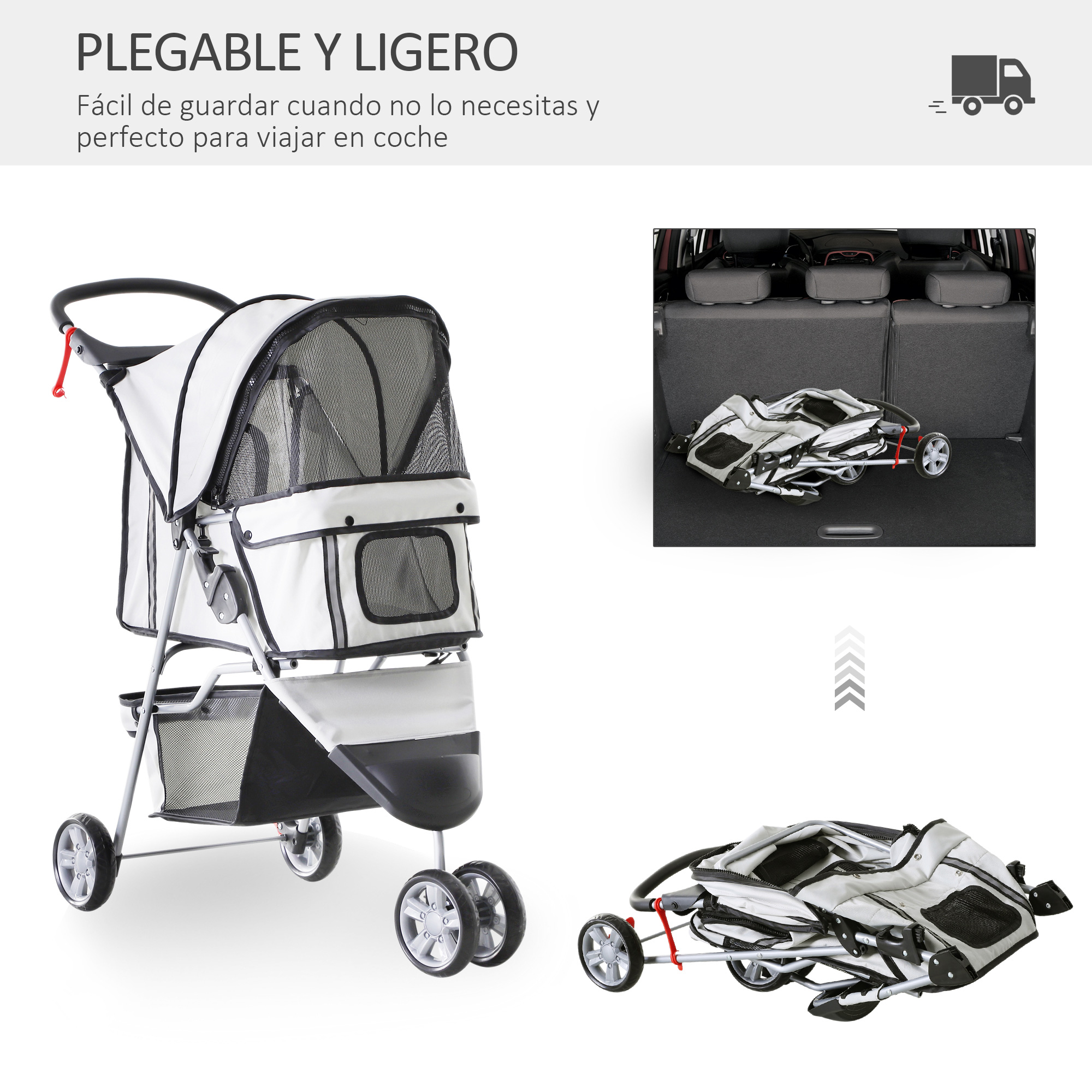 Carrinho de passeio dobrável cinza para animais de estimação PawHut
