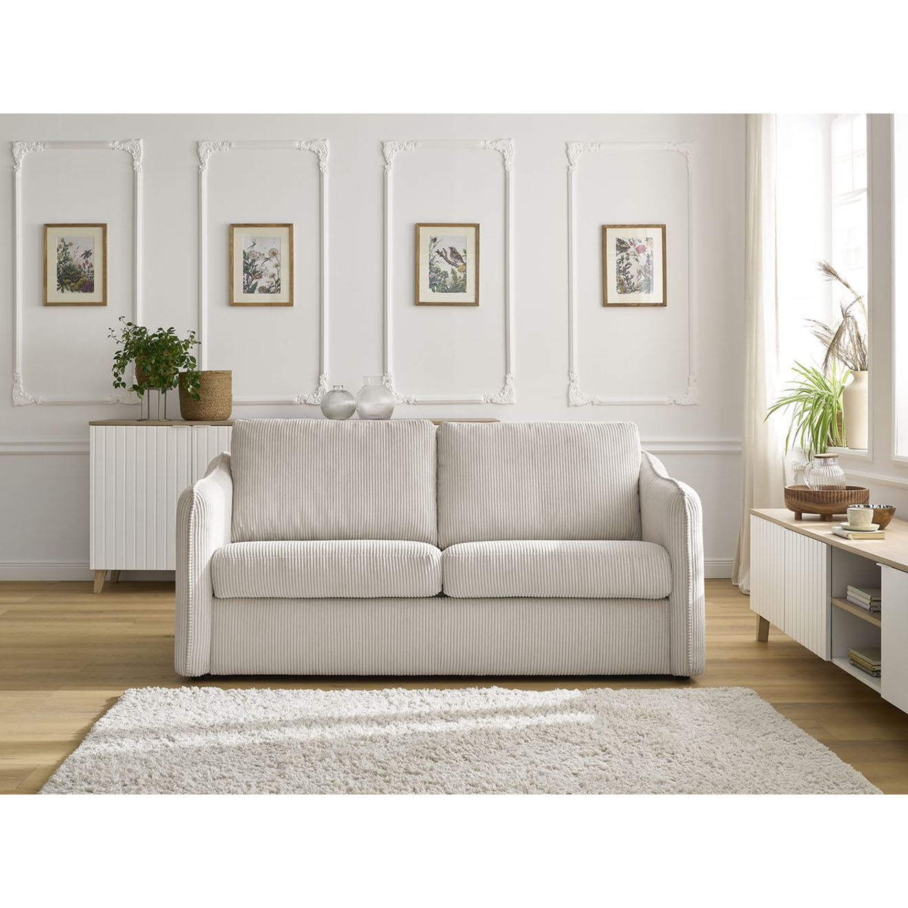 Bobochic Canapé droit convertible express en Velours côtelé 3 places Lenny beige - 178x102x89 cm
