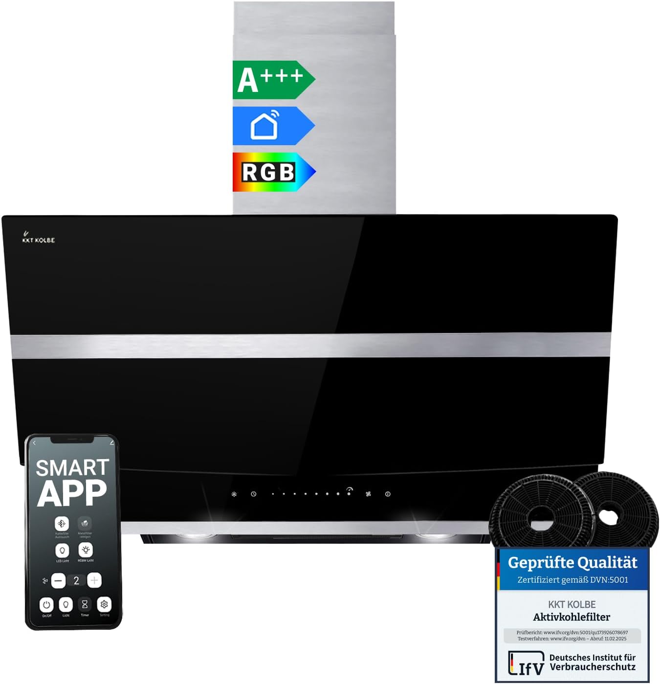 KKT KOLBE A+++ Dunstabzugshaube 80 cm 782 cbm/h Kopffreie Wandhaube Edelstahl schwarzes Glas WLAN RGBW-LED-Beleuchtung SensorTouch Bedienung HERMES8005SM