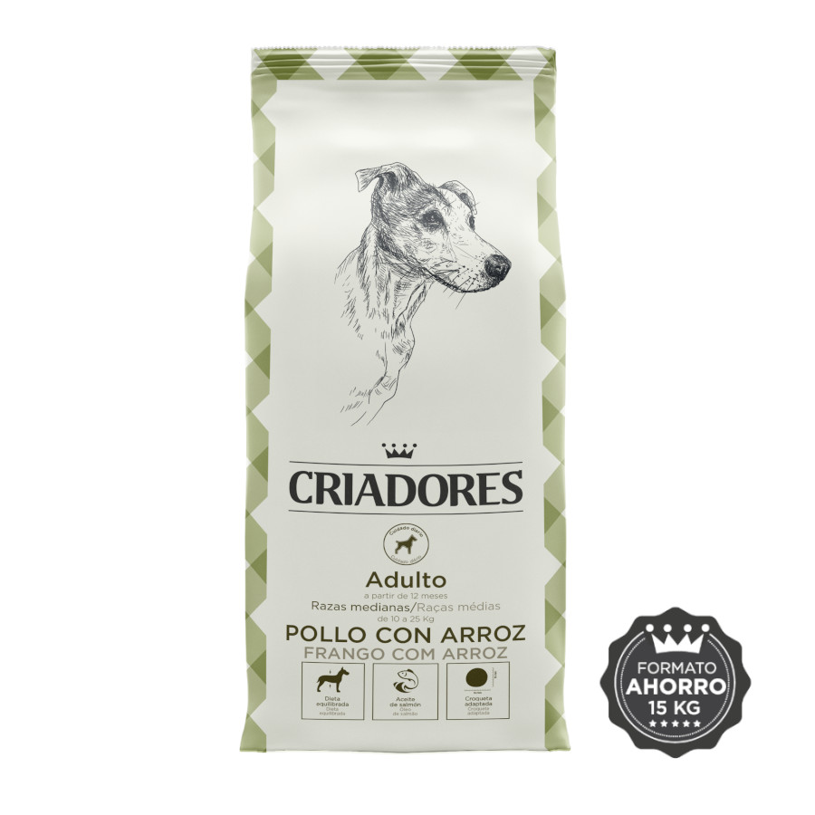 Ração para cães adultos de porte médio, sabor frango e arroz, da marca Breeders.
