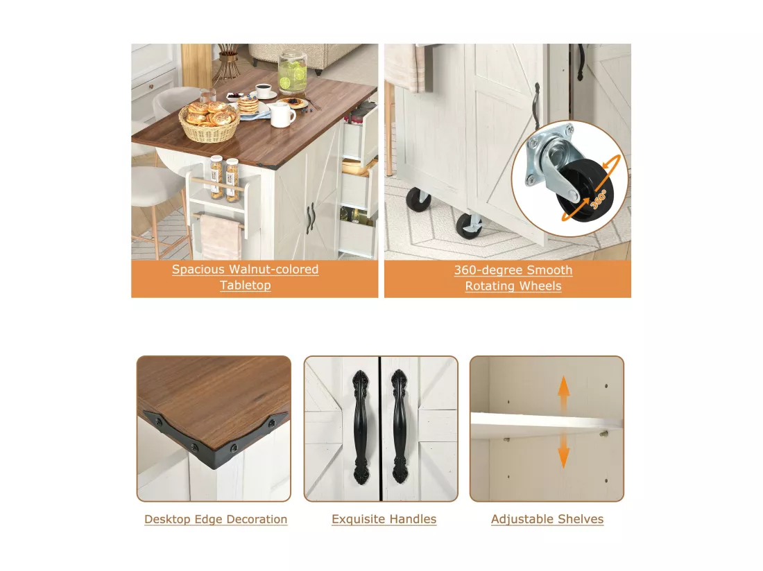 Ilot central de cuisine - avec plateau escamotable - 2 portes et 3 tiroirs - Beige