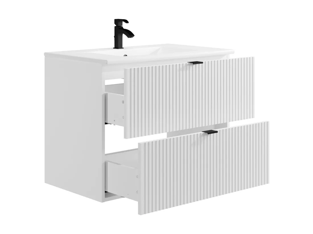 Meuble de salle de bain suspendu strié avec vasque à encastrer - Blanc mat - 80 cm - ZEVINI