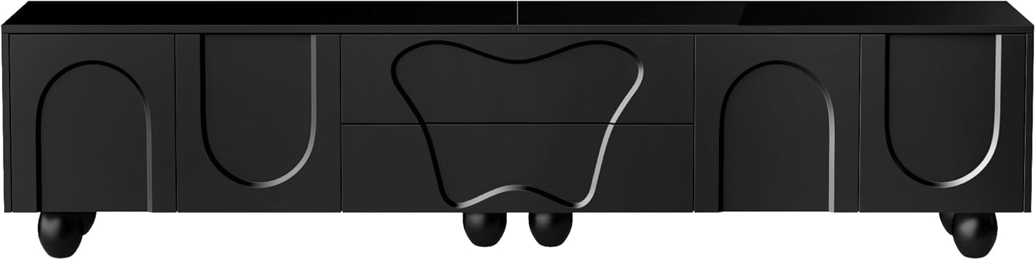 Merax TV-Schrank 180x40x42 cm, mit Holzbeinen, Moderner Fernsehtisch mit großem Stauraum, Schubladen und offenen Fächern, für Wohnzimmer, Schwarz