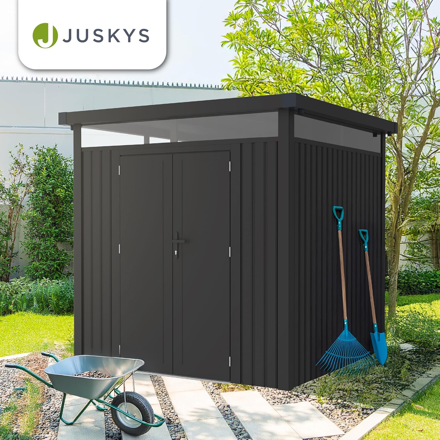 Juskys Gerätehaus Luzern Pro 5,3 m² - Metall Geräteschuppen mit Türen & Fenstern - wetterfest & abschließbar - Fahrradgarage, Gartenhaus - Anthrazit