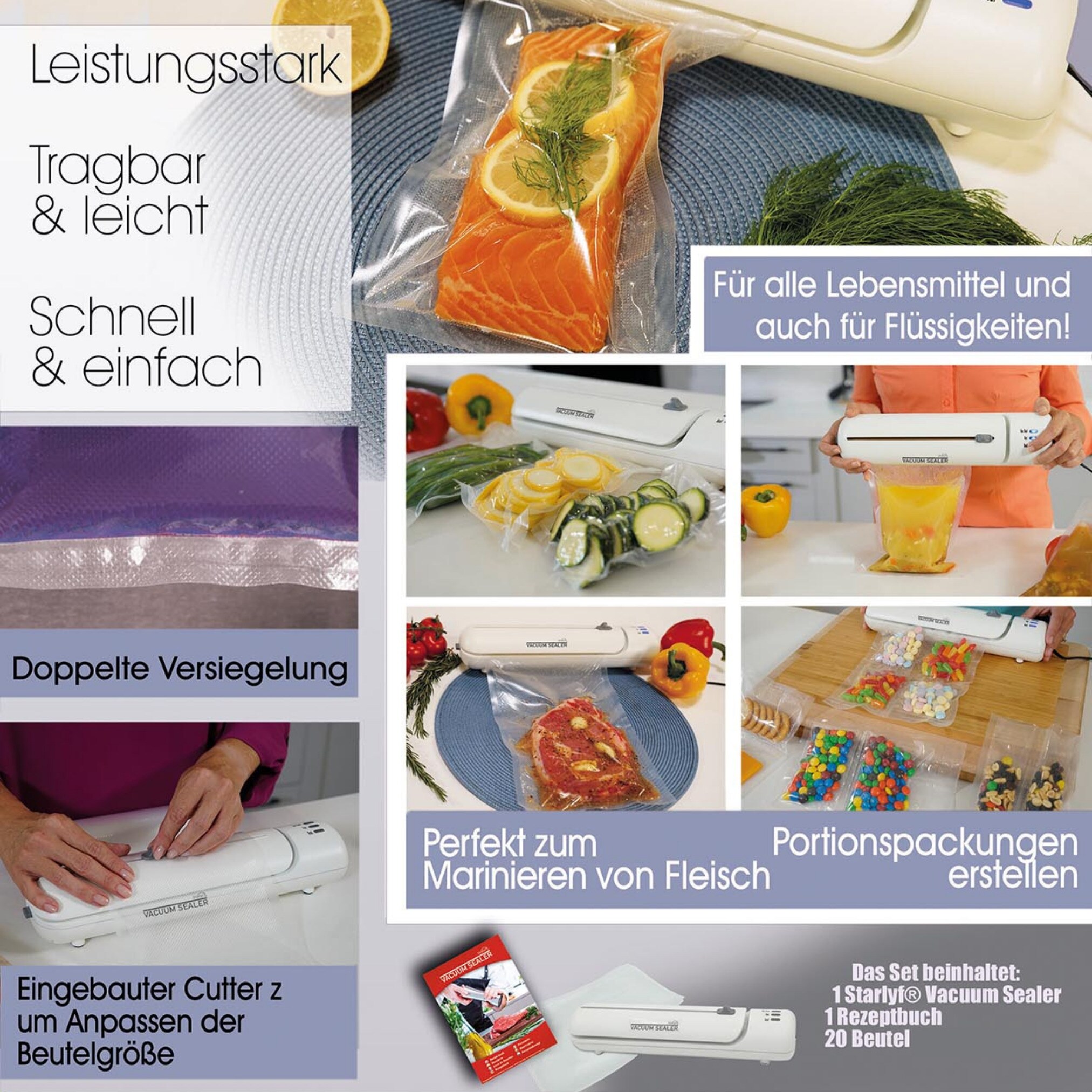 Starlyf® Vakuumiergerät inkl. 20 Beutel & Rezepte - Vakuumierer Vacuum Sealer