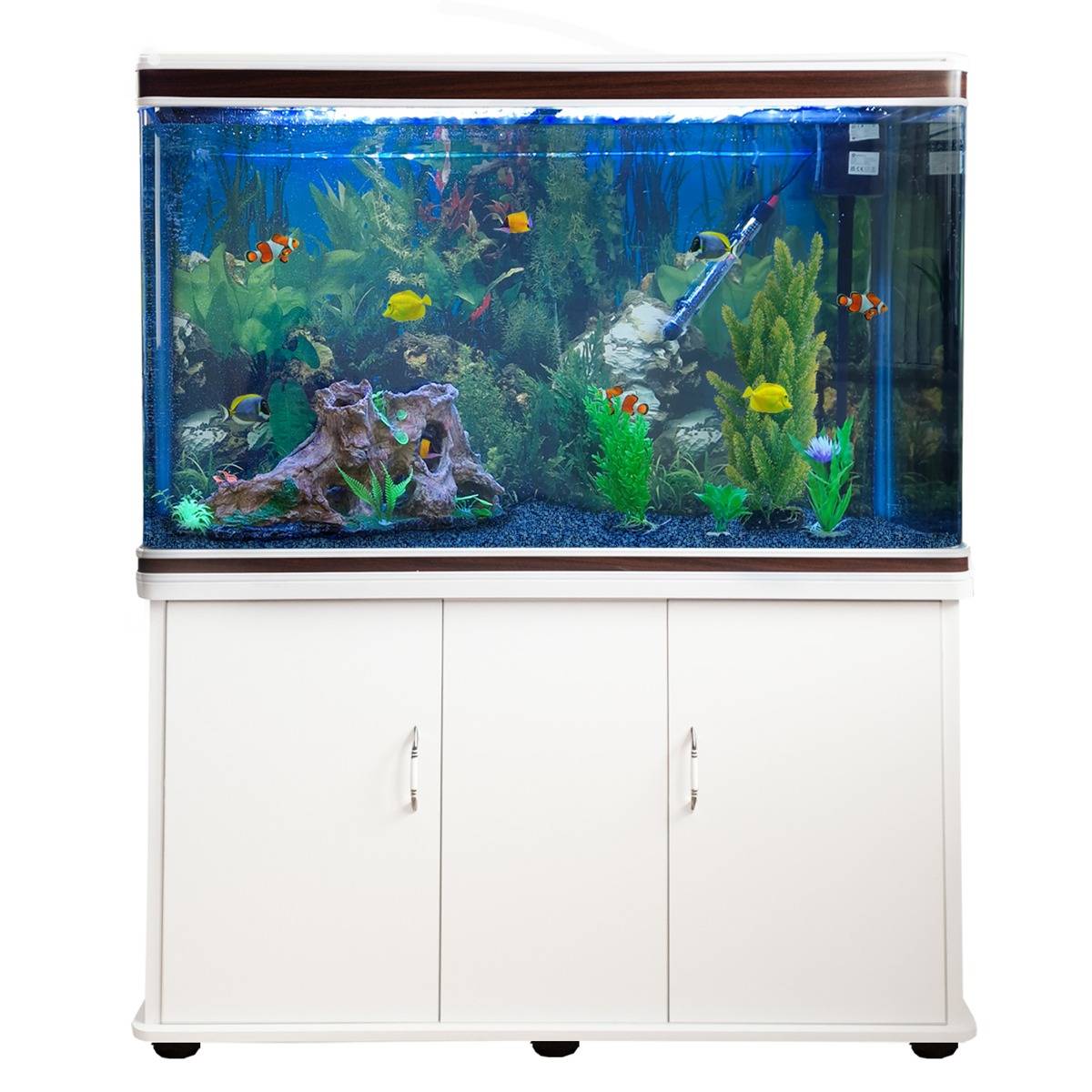 Aquário de 300 litros com gabinete branco, acessórios e cascalho azul.